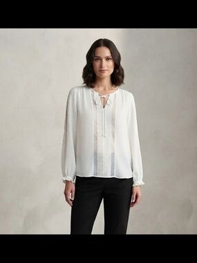 White House Black Market Ivory Lace-Panel Tie Blouse